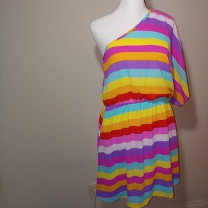 Fantastic Fawm Rainbow Stripe One Shoulder Mini Dress Size S Pink
